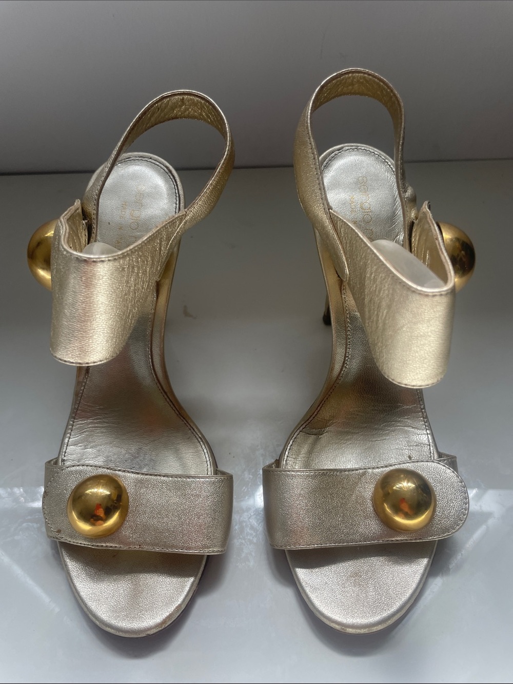 Sergio Rossi Metallic Gold Slingback Heels with Sculpted Gold Orbs